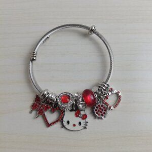 💖⭐Hello Kitty Charm Pendant Tone Bangle Bracelet Silver & Red
